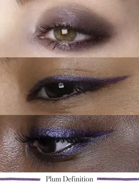 Three eyes with plum eyeshadow and eyeliner. Text: Plum Definition.