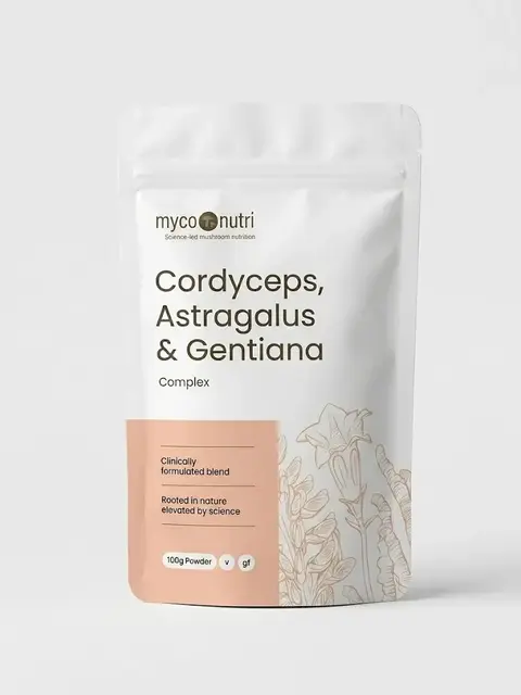 MycoNutri Cordyceps, Astragalus & Gentiana Complex, 100g powder, vegan, gluten-free.