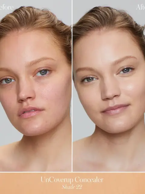 Before and after using UnCoverup Concealer Shade 22 on woman's face.