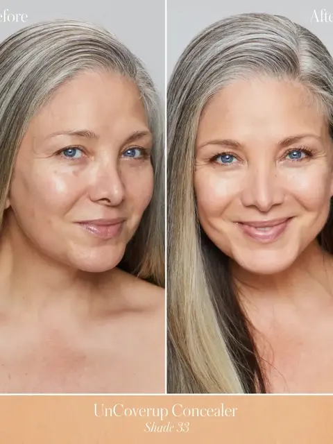 Before and after using UnCoverup Concealer, Shade 33, on a woman's face.