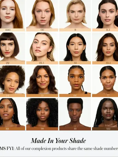 Grid of diverse faces with complexion shade numbers from 000 to 122. Text: "Made In Your Shade".