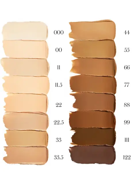 Foundation swatches in shades 000 to 122, arranged in two columns on a white background.