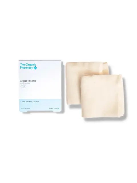 Two muslin cloths with packaging from The Organic Pharmacy.