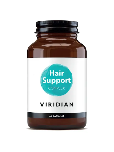Brown bottle of Viridian Hair Support Complex, 60 capsules.
