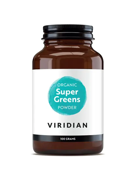 Brown jar of Viridian Organic Super Greens Powder, 100 grams.
