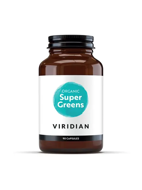 Viridian Organic Super Greens, 90 capsules, in a brown bottle with a white label.