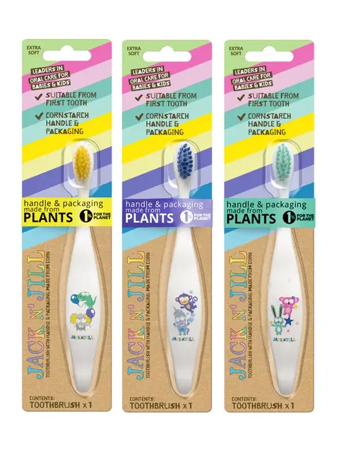 Three Jack N' Jill toothbrushes with colourful bristles and plant-based packaging.