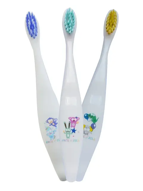 Three children's toothbrushes with animal designs and coloured bristles.
