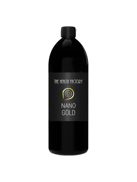 Black bottle labelled "The Health Factory Nano Gold".