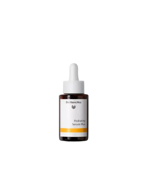 Dr. Hauschka Hydrating Serum Plus in a brown bottle with a white dropper cap.