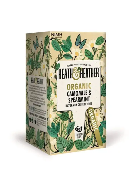 Heath & Heather Organic Camomile & Spearmint tea box with floral design, 20 bags.