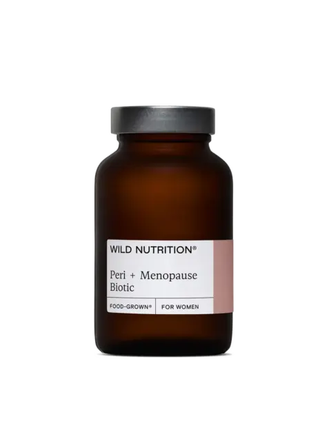Brown bottle labelled "Wild Nutrition Peri + Menopause Biotic".