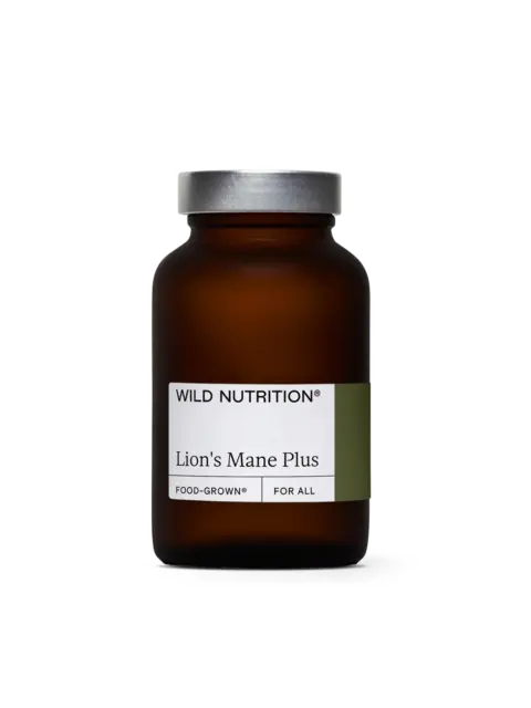 Brown bottle labelled "Wild Nutrition Lion's Mane Plus".