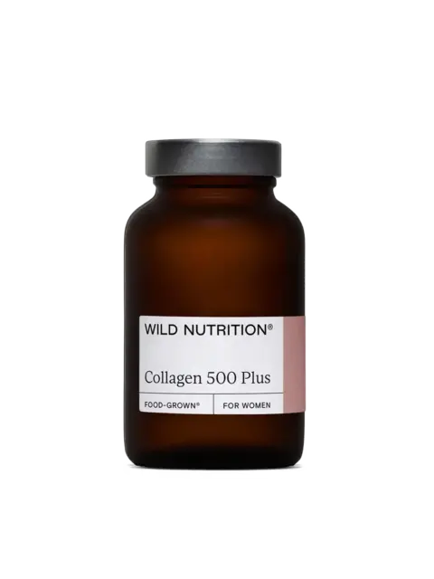 Brown bottle labelled "Wild Nutrition Collagen 500 Plus, Food-Grown, For Women".