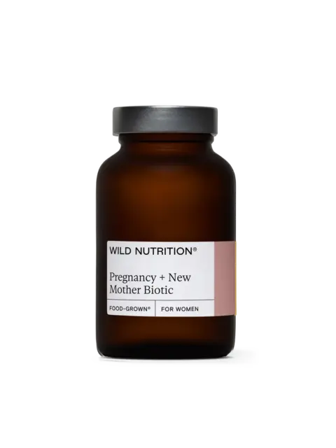Brown bottle labelled "Wild Nutrition Pregnancy + New Mother Biotic".