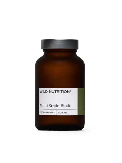 Brown glass jar labelled "Wild Nutrition Multi Strain Biotic".