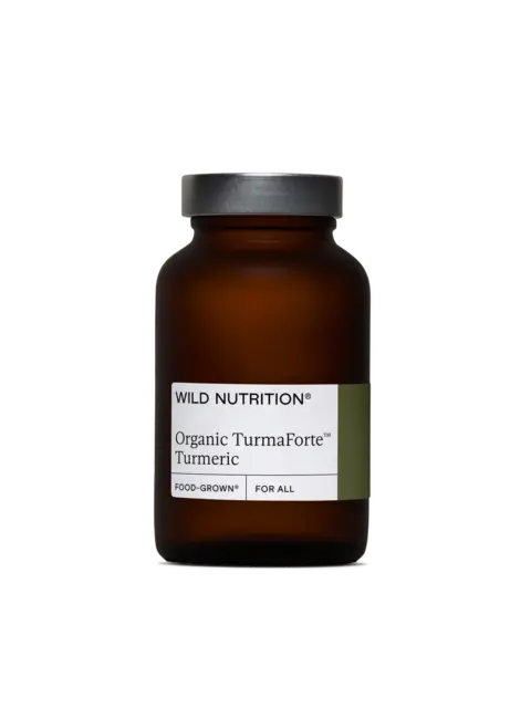 Brown bottle labelled "Wild Nutrition Organic TurmaForte Turmeric".