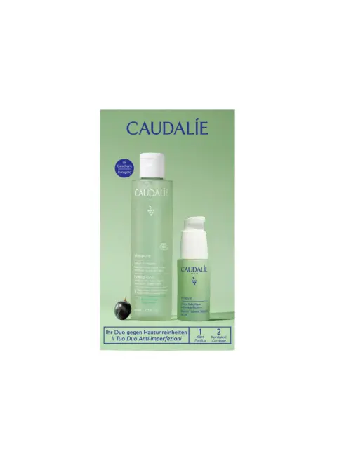 Caudalie Vinopure Purifying Toner and Serum on green background with product text.