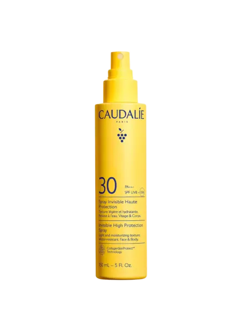 Yellow bottle of Caudalie SPF 30 spray, 150 ml, with UVA protection.