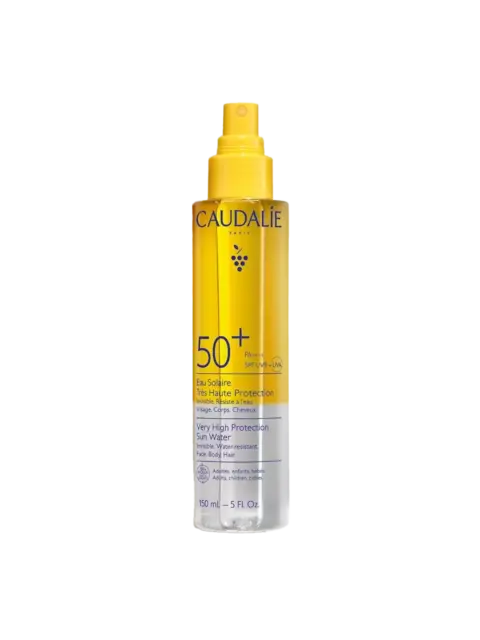 Caudalie SPF 50+ sun water spray, 150ml, for face, body, and hair.