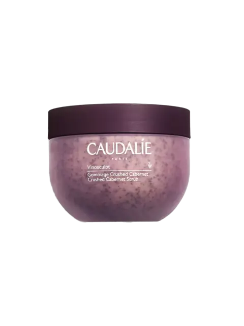 Caudalie Vinosculpt Crushed Cabernet Scrub in a purple jar.
