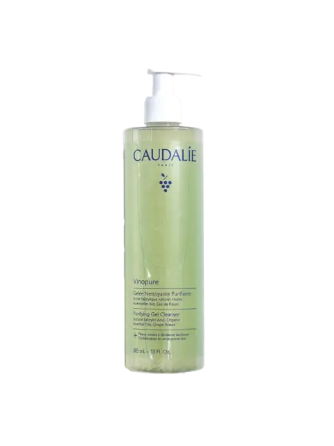 Caudalie Vinopure Purifying Gel Cleanser, 385 ml bottle with pump dispenser.