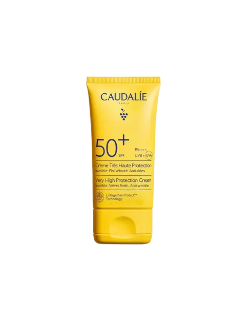 Yellow tube of Caudalie SPF 50+ sun cream with anti-wrinkle protection.
