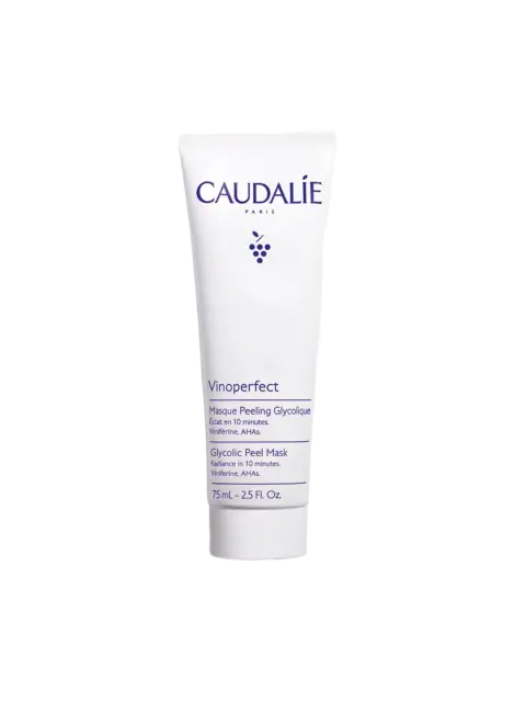 Caudalie Vinoperfect Glycolic Peel Mask, 75ml tube, text in English and French.
