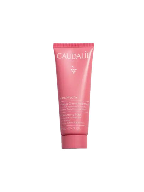 Caudalie VinoHydra Moisturising Mask, 75ml tube, pink packaging.