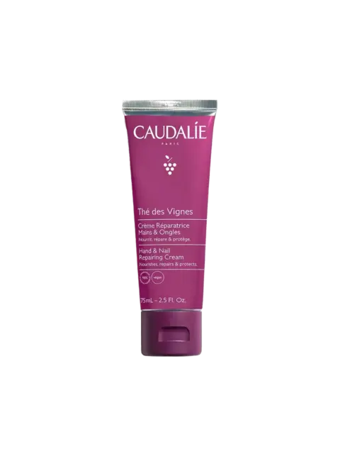Caudalie Thé des Vignes Hand & Nail Repairing Cream, 75ml tube, vegan formula.