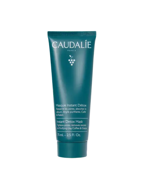 Caudalie Instant Detox Mask, 75 mL tube, purifying clay, coffee, and grape.