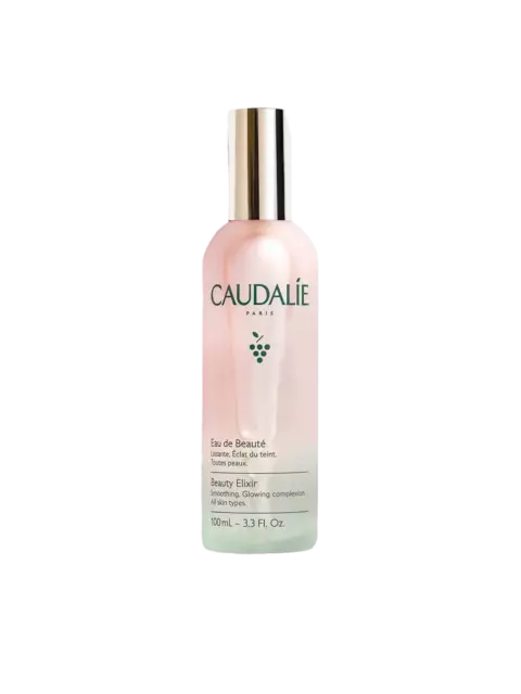 Caudalie Beauty Elixir bottle, 100ml, with silver cap and grape logo.