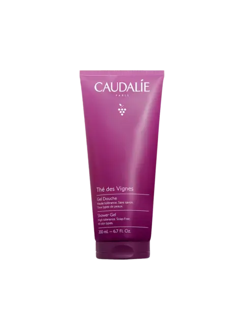 Purple tube of Caudalie Thé des Vignes shower gel, 200 ml.