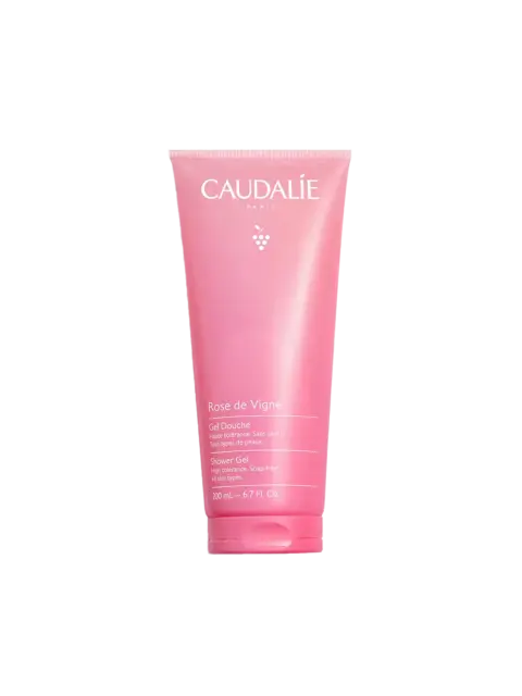Pink tube of Caudalie Rose de Vigne shower gel, 200 ml, soap-free for all skin types.