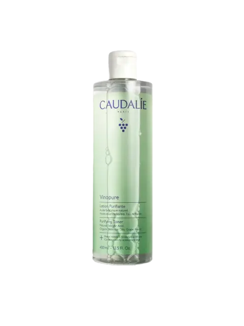 Caudalie Vinopure Purifying Toner, 400ml bottle, green liquid, grape logo.