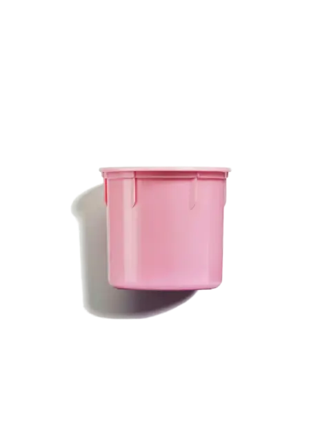 Pink plastic container with a white handle, isolated on a white background.
