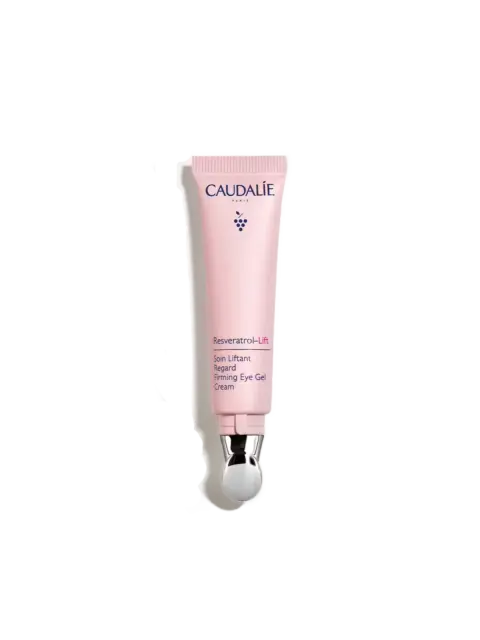Caudalie Resveratrol-Lift Firming Eye Gel Cream in pink tube with silver applicator.