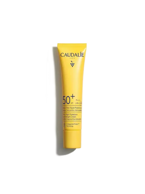 Yellow tube of Caudalie SPF 50+ sunscreen with antioxidant protection.
