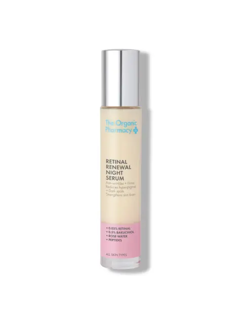 The Organic Pharmacy Retinal Renewal Night Serum bottle with silver cap.