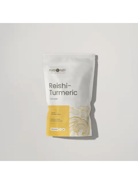 Reishi-Turmeric Complex powder, 100g, clinically formulated blend in a white pouch.