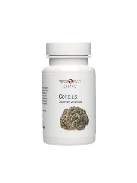 MycoNutri Organic Coriolus supplement bottle with mushroom image.