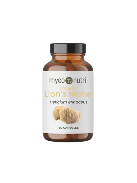 Brown bottle of MycoNutri Organic Lion's Mane, 60 capsules.