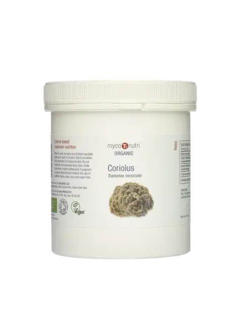 White tub of MycoNutri Organic Coriolus powder with mushroom image.