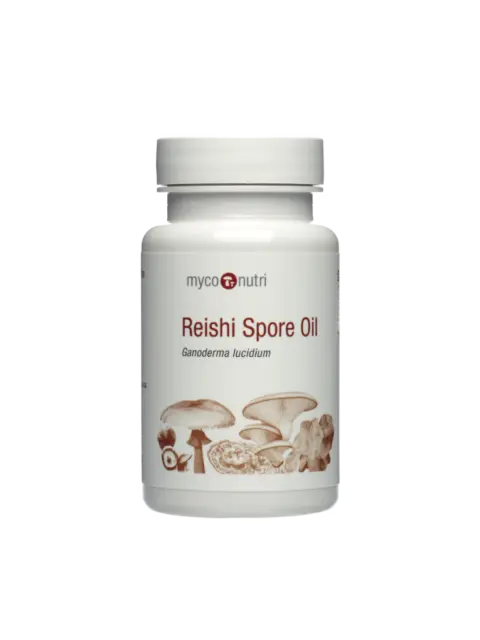 Reishi Spore Oil bottle with mushroom illustrations and text "Ganoderma lucidum".