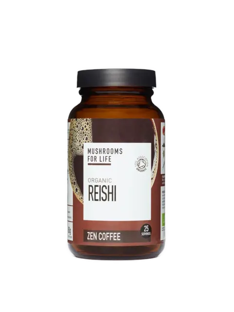 Brown jar of Organic Reishi Zen Coffee, 25 servings, by Mushrooms for Life.