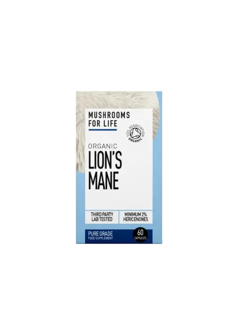 Mushrooms for Life Organic Lion's Mane supplement, 60 capsules, Soil Association certified.