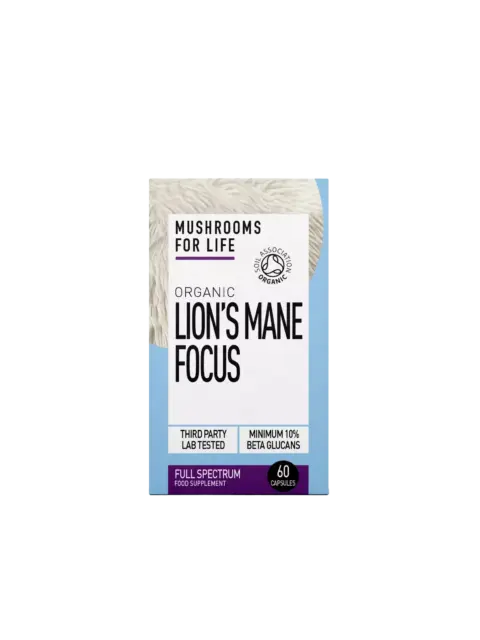 Mushrooms For Life Lion's Mane Focus, 60 capsules, organic, lab tested, 10% beta glucans.