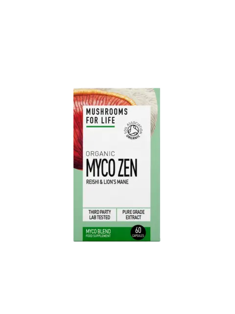 Mushrooms For Life Myco Zen, organic reishi and lion's mane, 60 capsules.