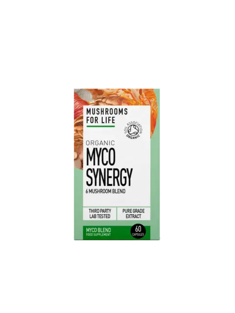Myco Synergy organic mushroom blend, 60 capsules, Soil Association certified.