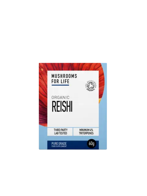 Mushrooms for Life Organic Reishi supplement, 60g, Soil Association certified.
